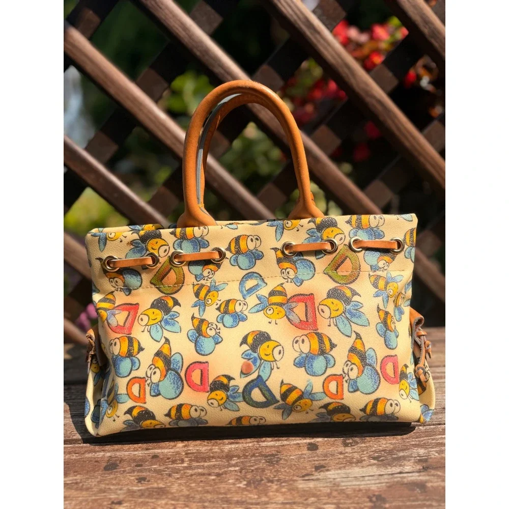 Dooney & Bourke Bumble Bee Print Coated Canvas Tote Bag Tan Leather Trim